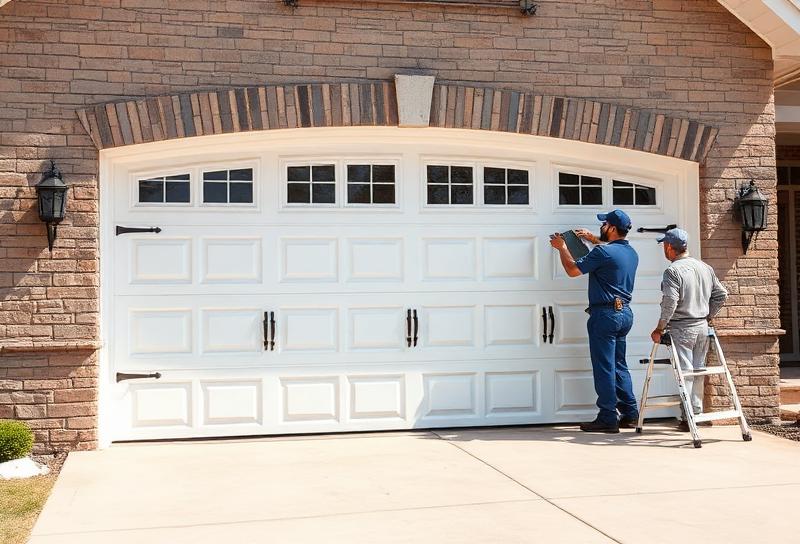 Professional garage door installation team working on modern residential garage door