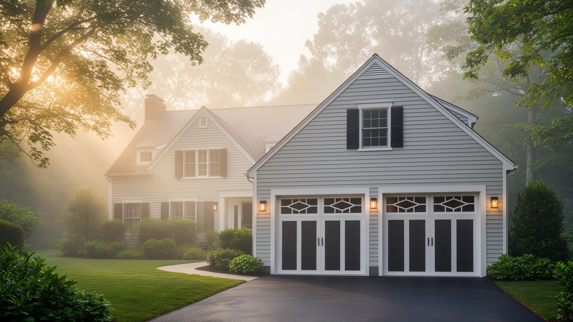 Beautiful colonial home with modern mid-century geometric garage doors in morning mist